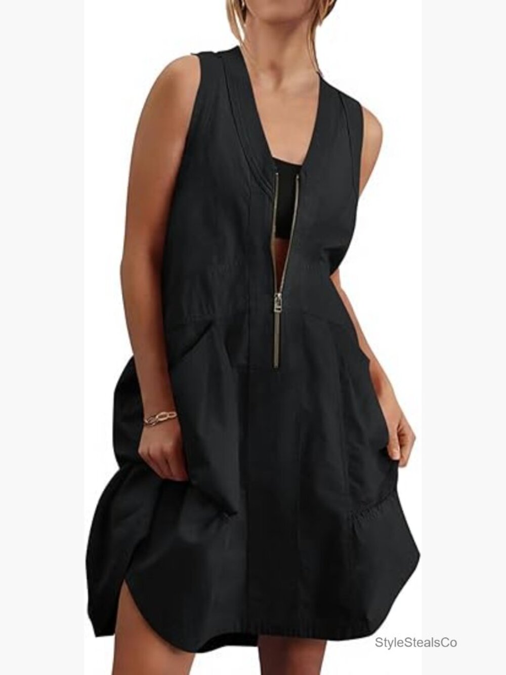 Sleeveless Tank Mini Dress Casual Half Zip V Neck Mesh Back Utility Dresses